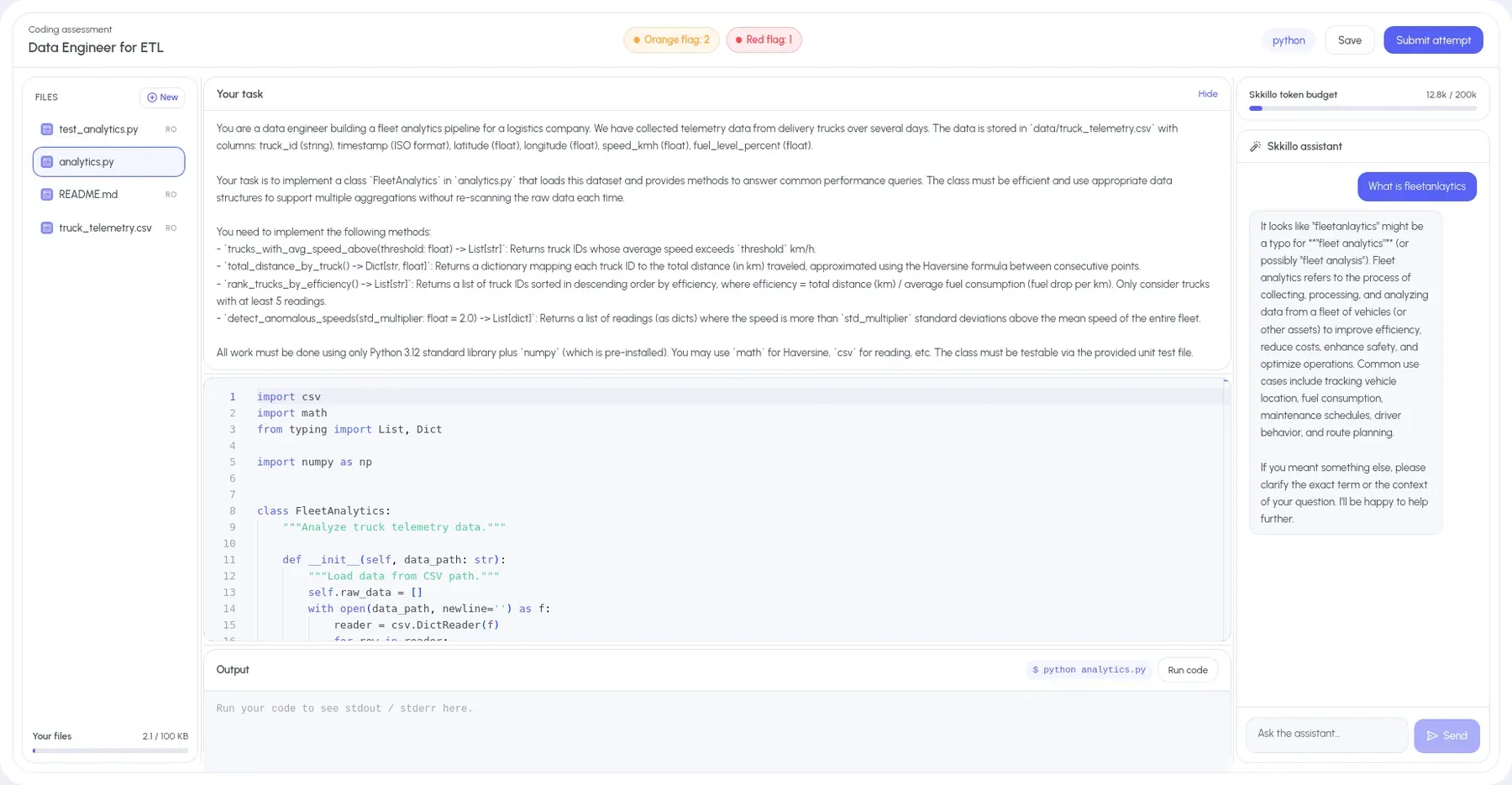 Skkillo in-browser coding workspace during a coding test