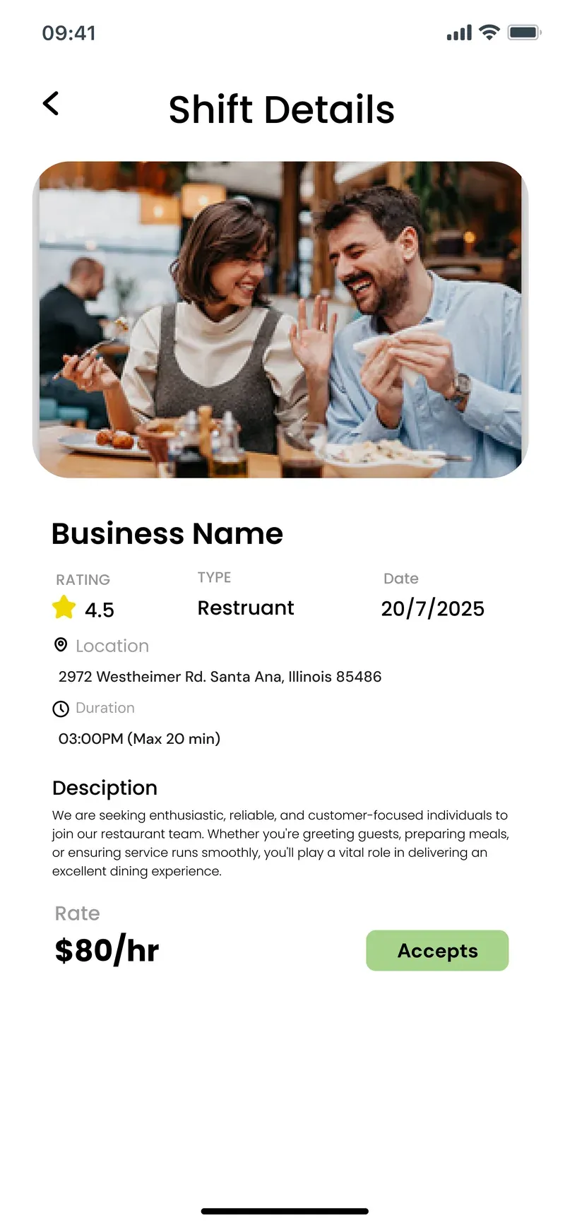 Hyr shift details with business, rating, location, duration and hourly rate
