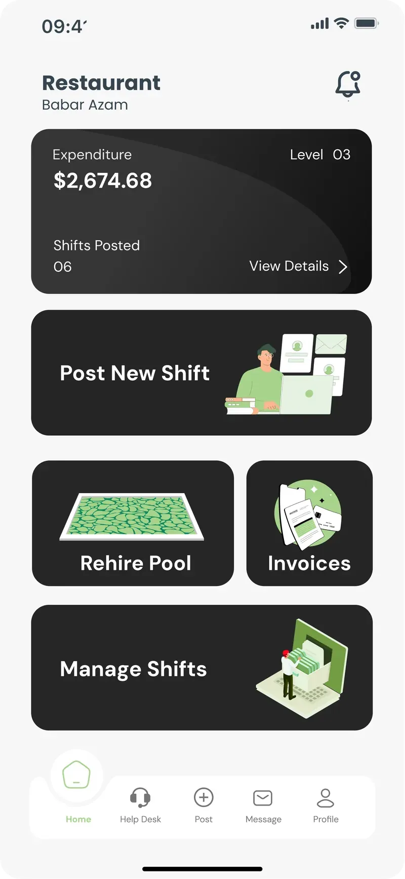 Hyr business home screen with spend and shifts posted