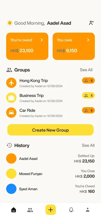ShareEase home screen showing what you're owed and what you owe