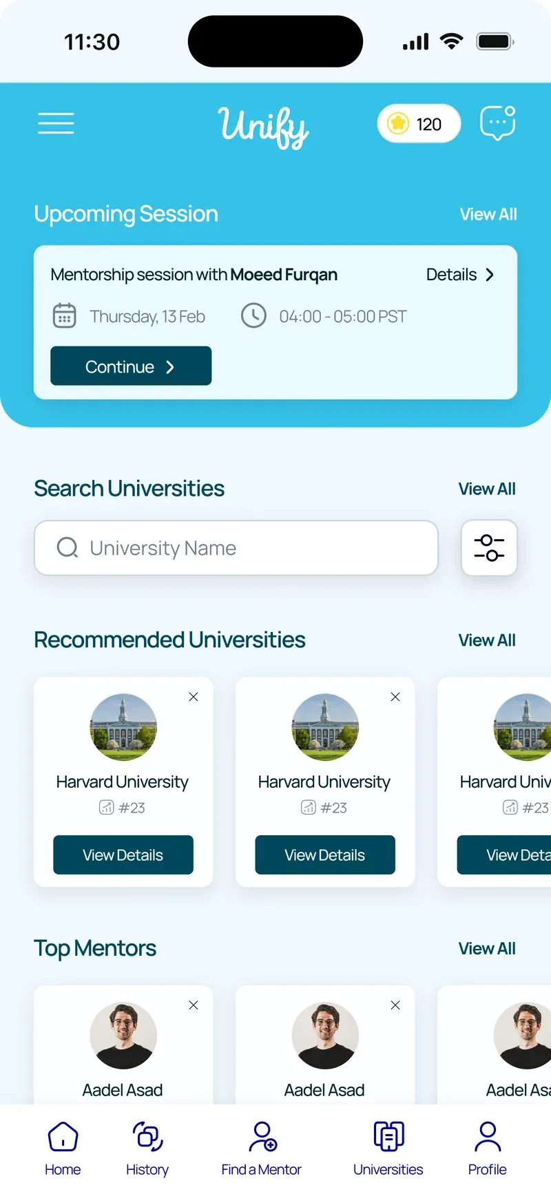 Unify home screen with an upcoming mentorship session, recommended universities and mentors