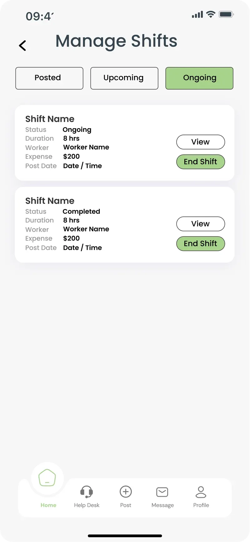 Hyr manage shifts screen