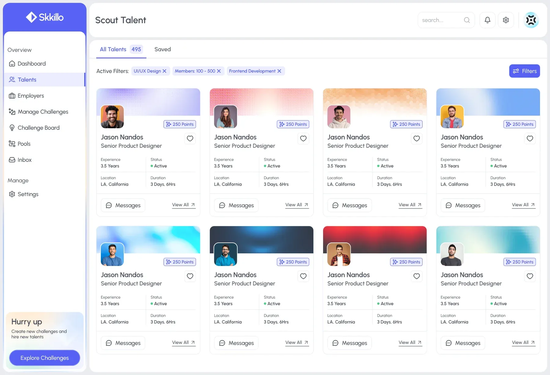 Skkillo talent scouting view with filtered candidate cards