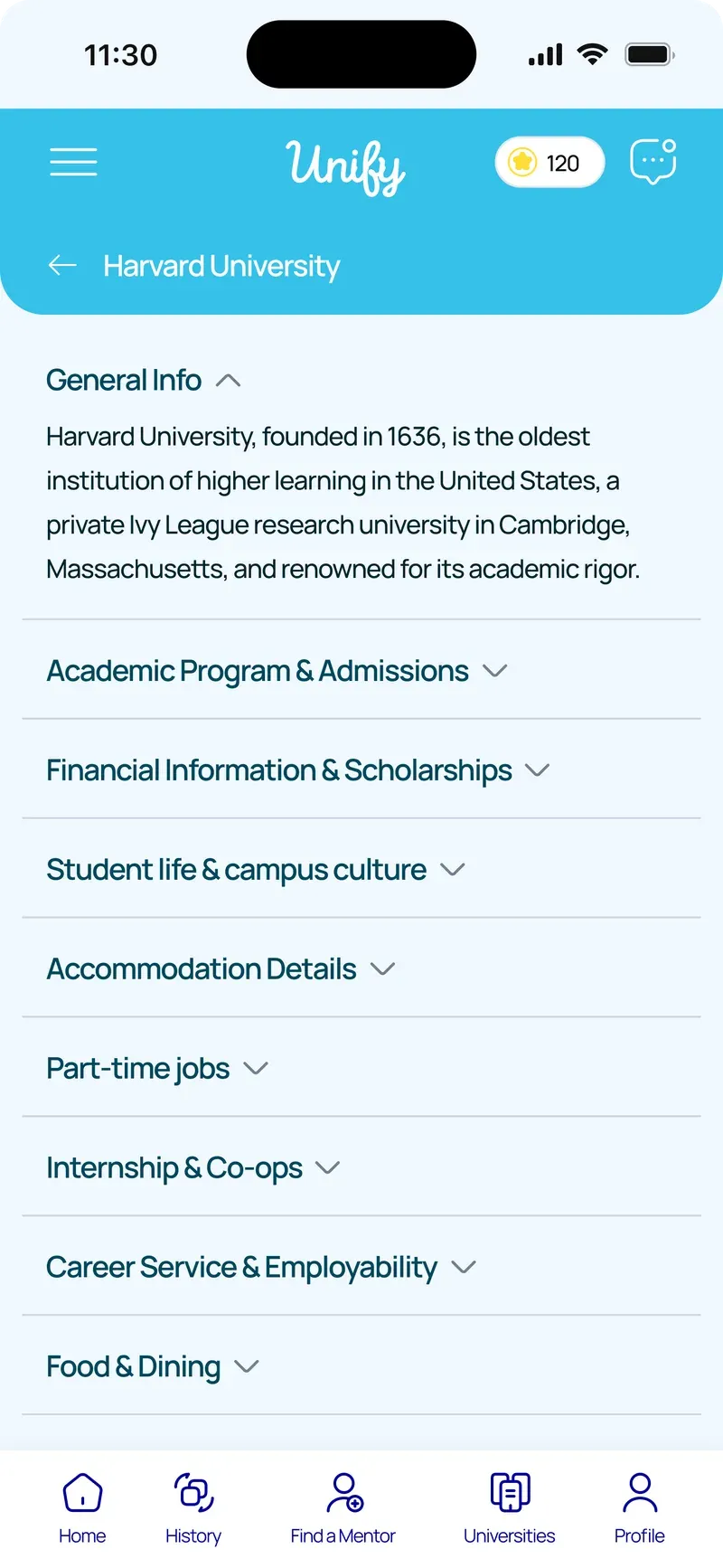 Unify university guide with details