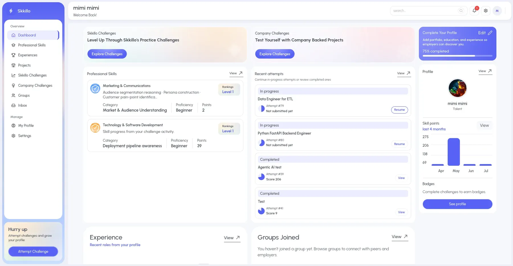 Skkillo candidate dashboard